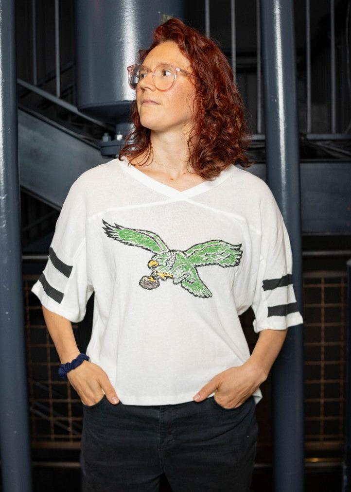 Philadelphia Eagles Historic White Wash Double Header Women's Crop Tee