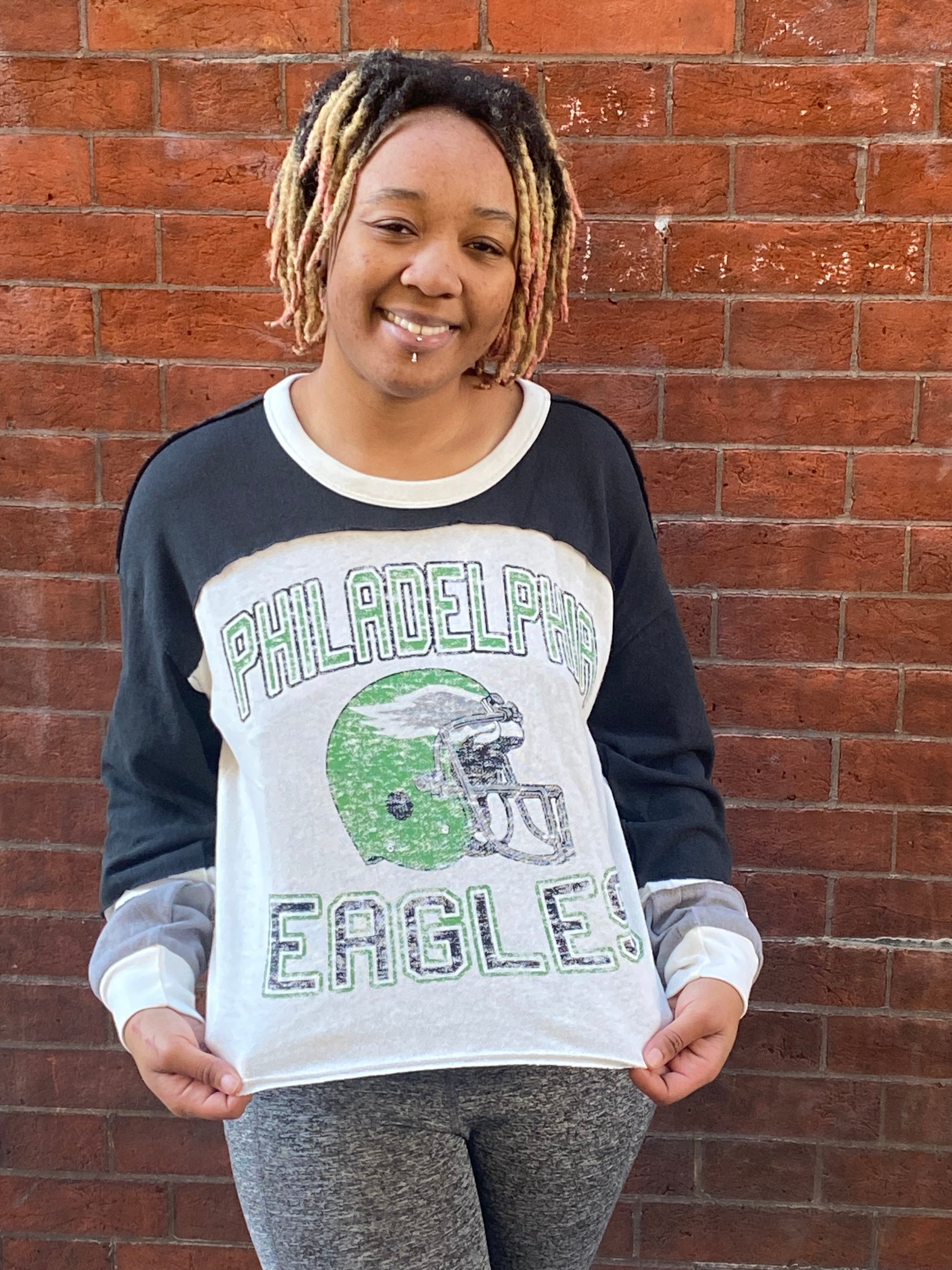 Philadelphia Eagles Historic Sandstone Double Header Curve Toni Long Sleeve Women's